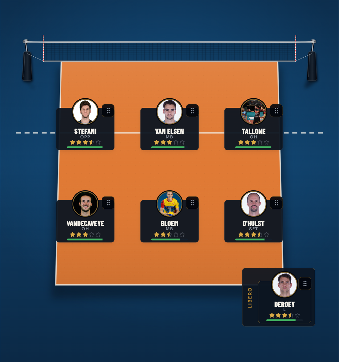 Setter lineup screen showing a volleyball squad positioned on court